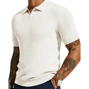 💫 Men White Casual V Neck Ribbed Short Sleeve Textured Knit Fashion Polo Shirt